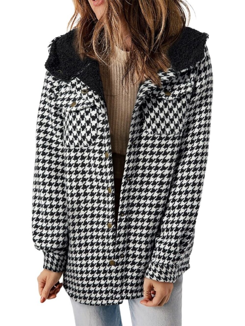 〽️Women's Black03 Plaid Fleece Lined Hooded Shacket with Pockets